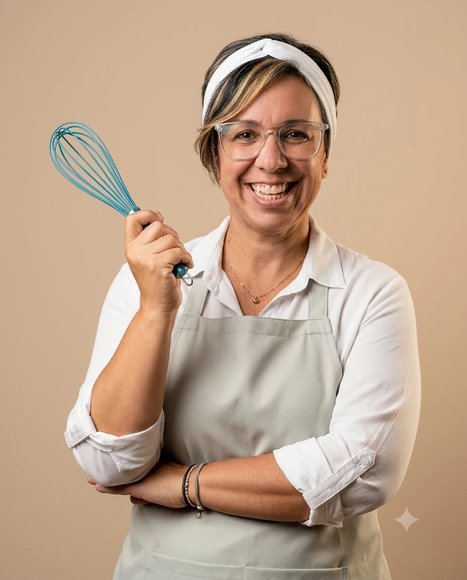 Professora Ângela de avental, segurando um batedor de cozinha